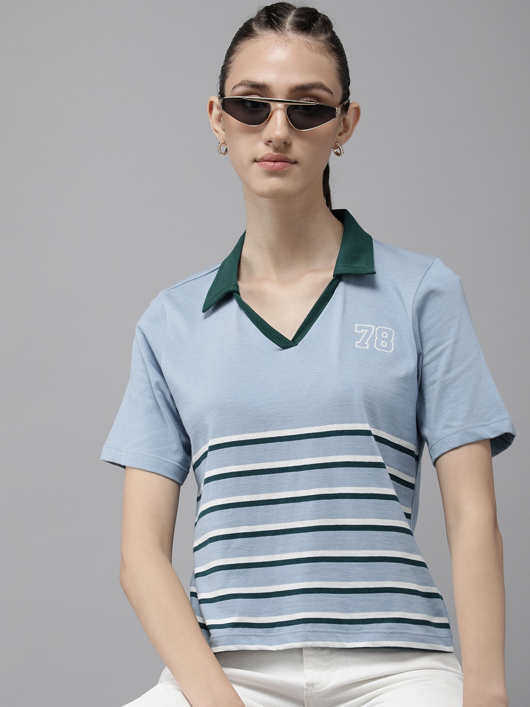 

The Roadster Life Co. Striped Polo Collar Pure Cotton T-shirt, Blue