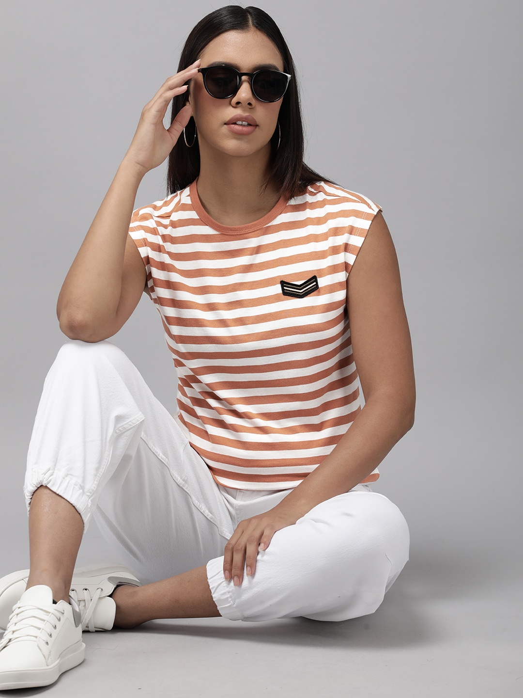 

The Roadster Life Co. Striped Pure Cotton Sleeveless T-shirt, Brown