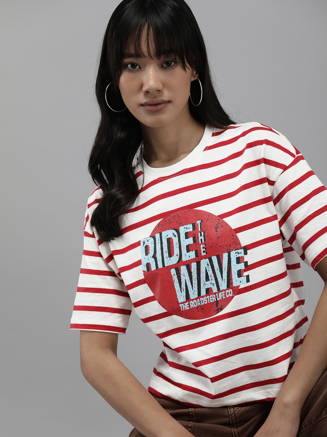 

The Roadster Life Co. Typography Printed Striped Pure Cotton T-shirt, Red