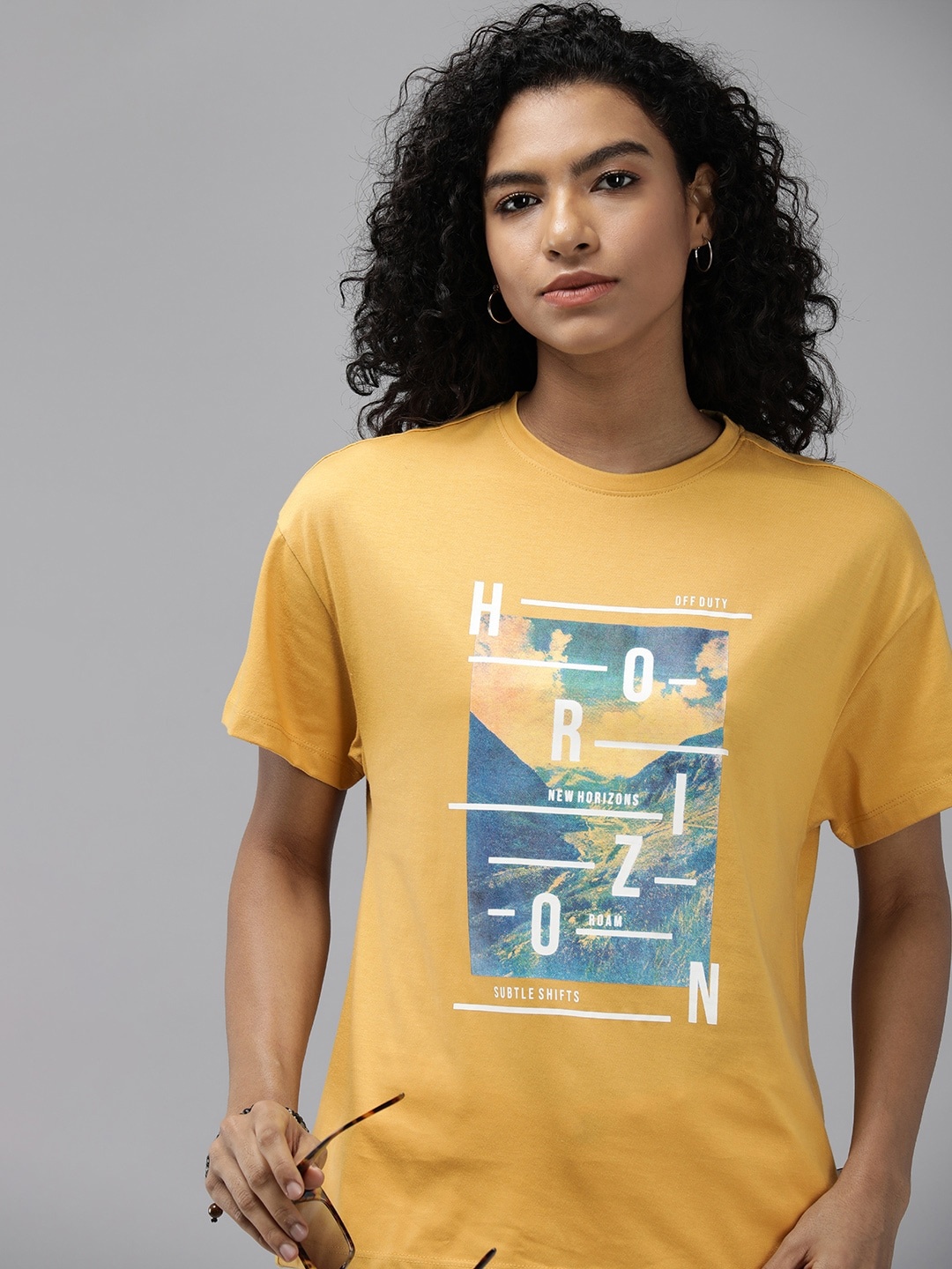 

The Roadster Life Co. Graphic Printed Drop-Shoulder Sleeves Longline Boxy T-shirt, Mustard