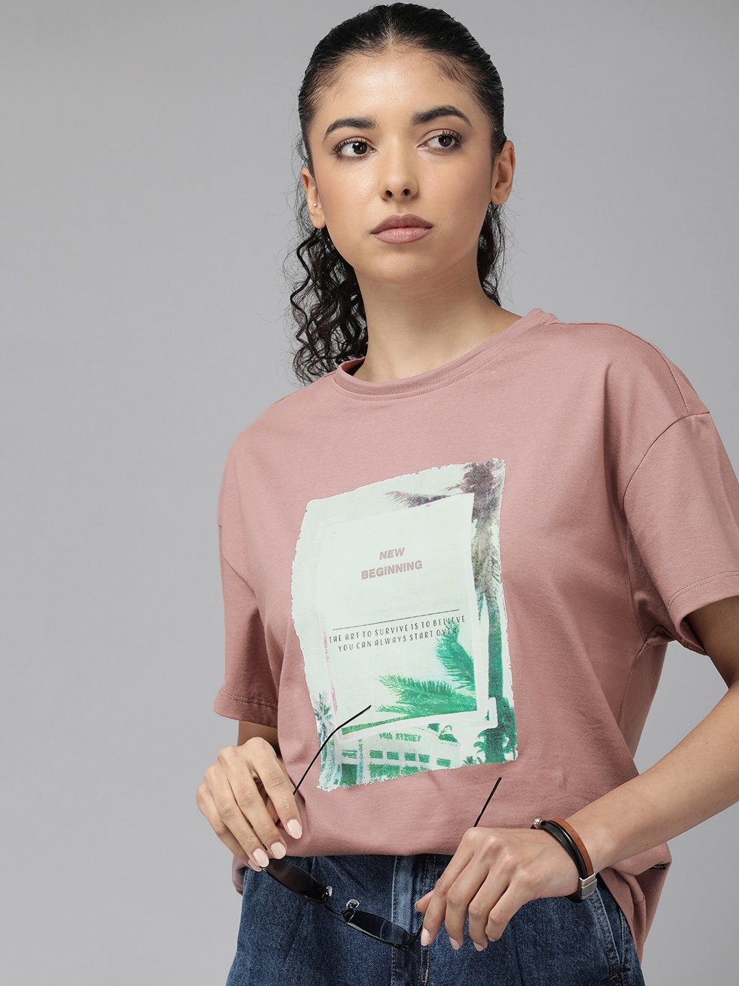 

The Roadster Lifestyle Co. Printed Pure Cotton Boxy T-shirt, Mauve