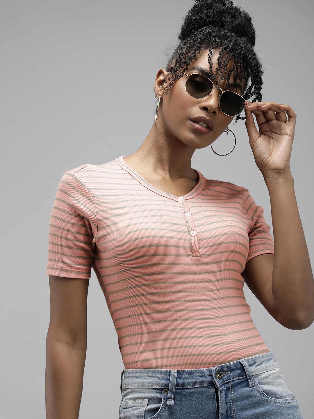 

The Roadster Life Co. Striped Henley Neck Casual T-shirt, Peach
