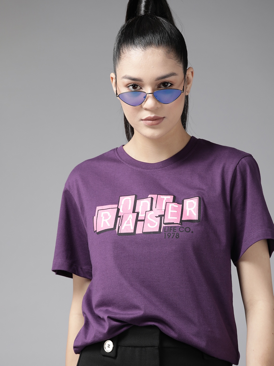 

Roadster Brand Logo Printed Drop-Shoulder Sleeves T-shirt, Purple