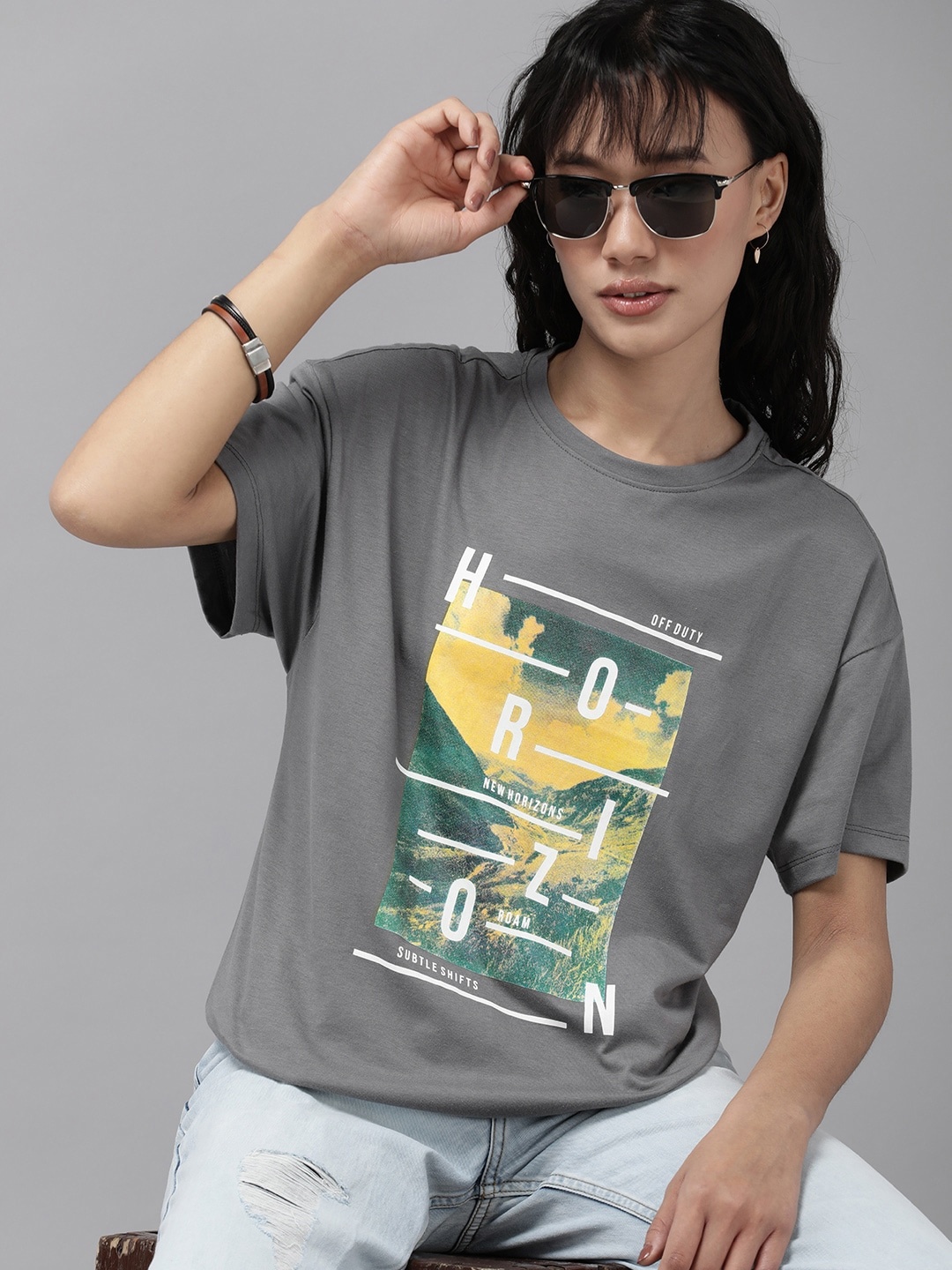 

The Roadster Life Co. Printed Drop-Shoulder Sleeves Boxy T-shirt, Grey