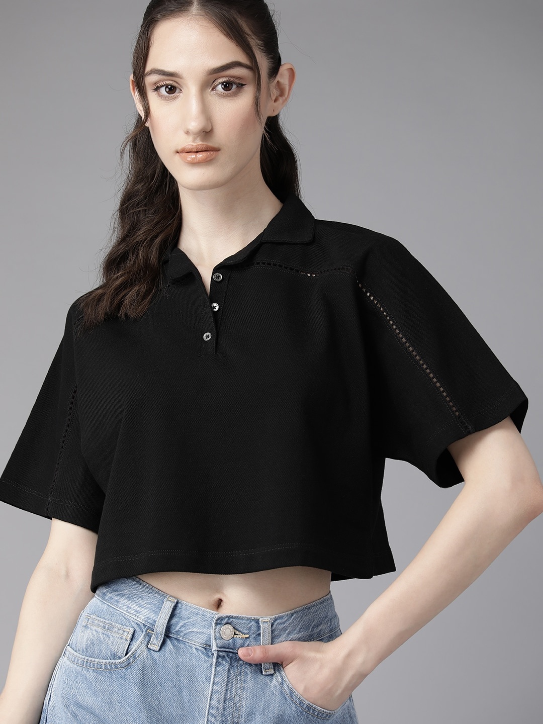 

The Roadster Lifestyle Co. Polo Collar Extended Sleeves Pure Cotton T-shirt, Black