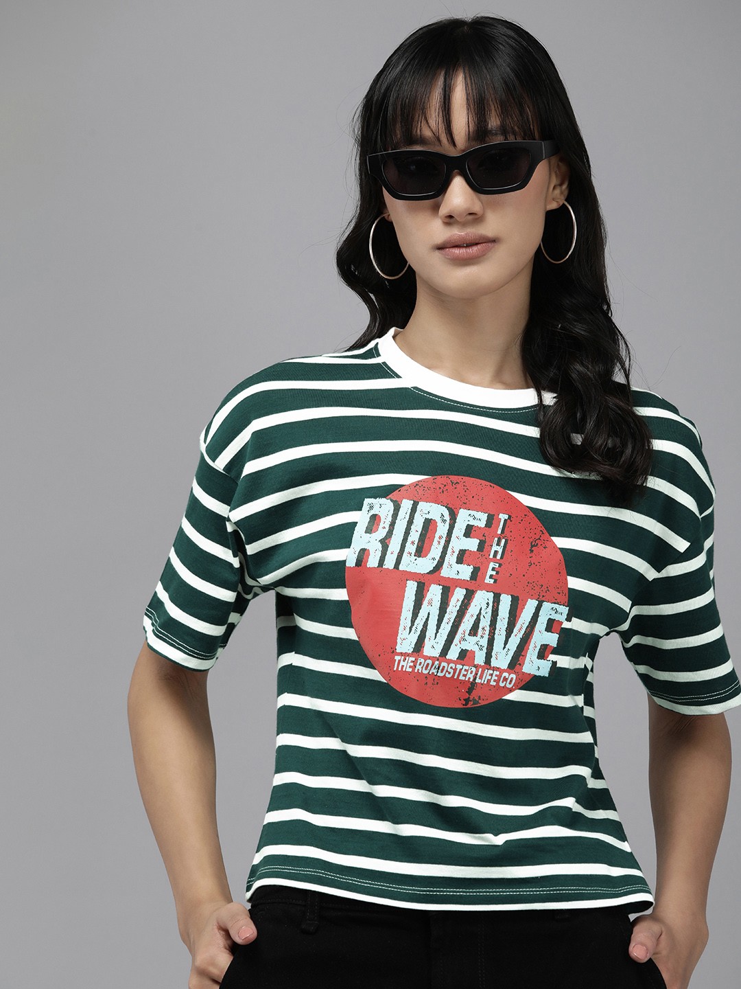 

The Roadster Life Co. Typography Printed Striped Pure Cotton T-shirt, Green