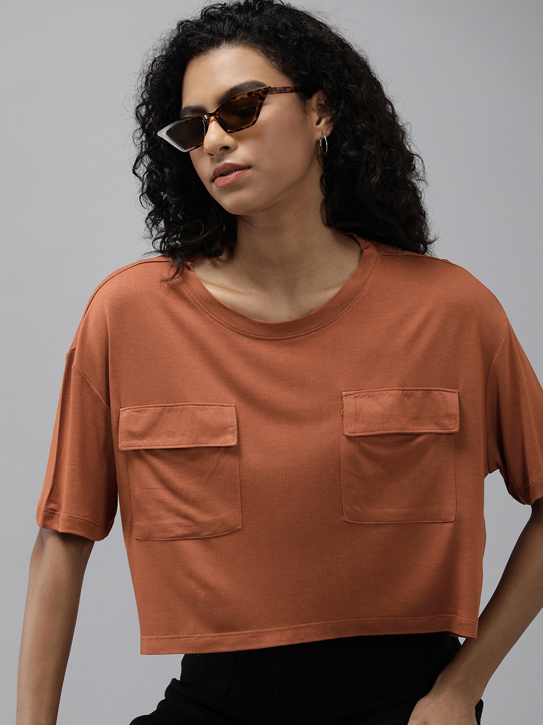 

The Roadster Life Co. Round Drop-Shoulder Sleeves Boxy T-shirt With Chest Pockets, Rust