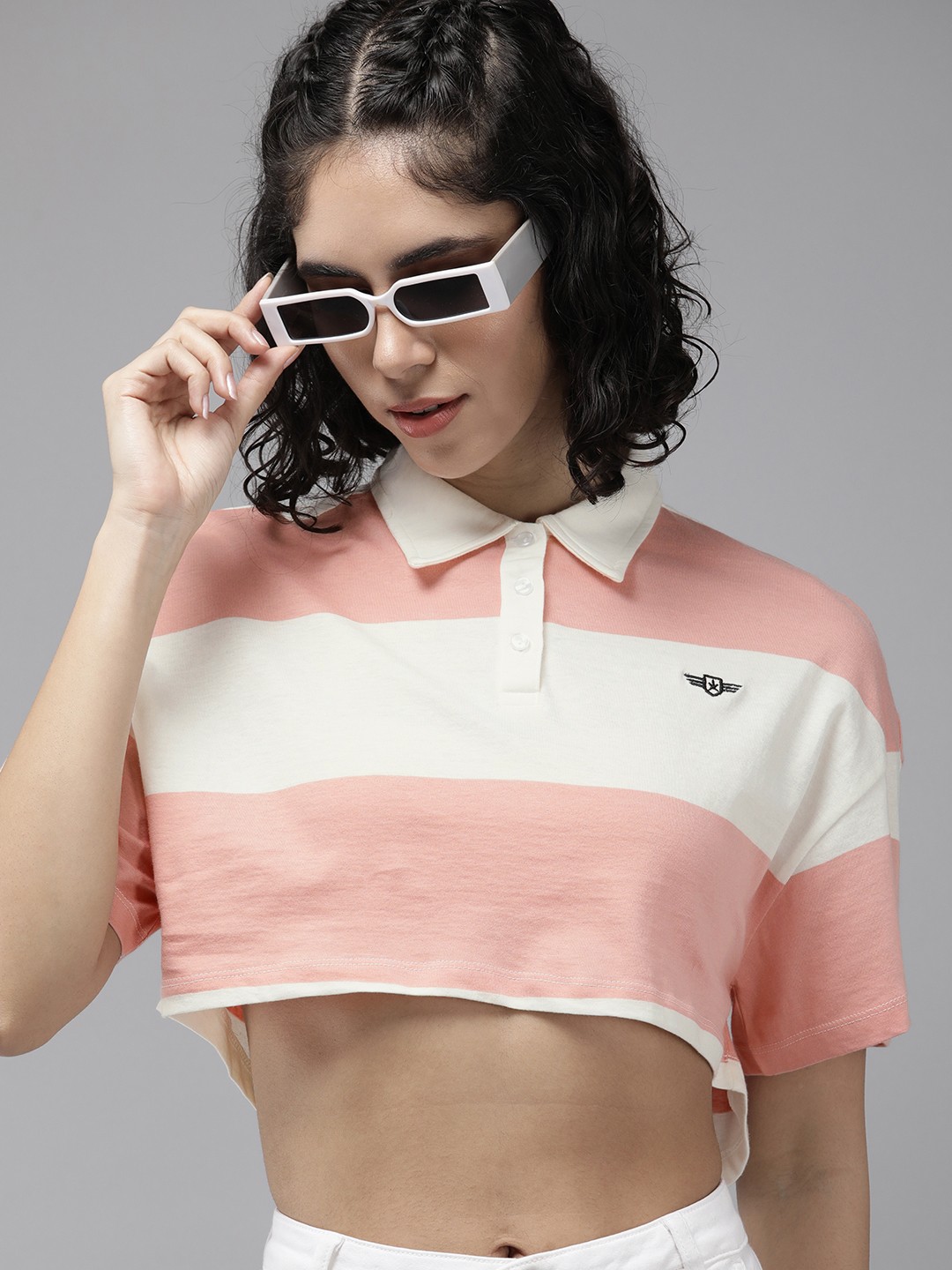 

The Roadster Life Co. Colourblocked Polo Collar Pure Cotton Crop T-shirt, Pink