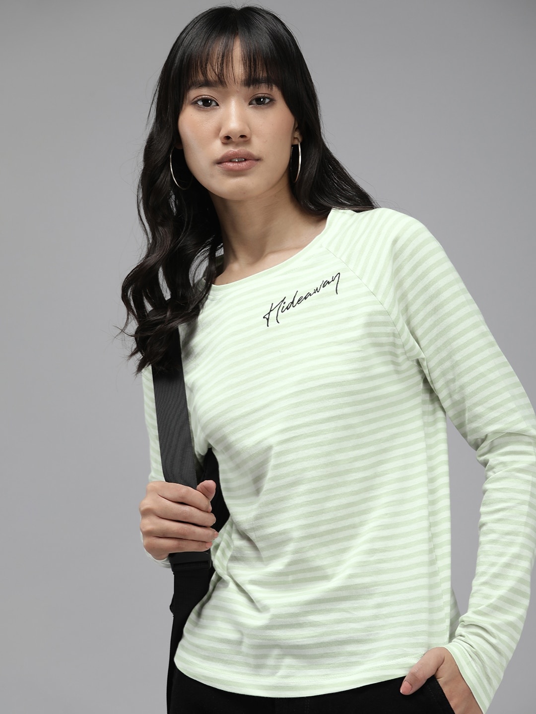 

The Roadster Life Co. Typography Embroidered Striped Pure Cotton T-shirt, Green