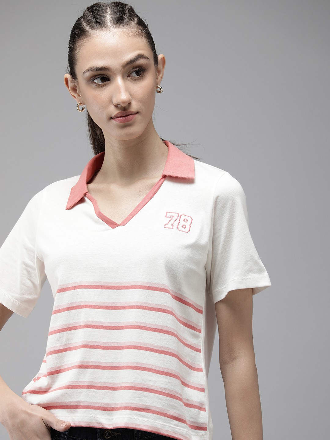 

The Roadster Life Co. Striped Polo Collar Pure Cotton T-shirt, White
