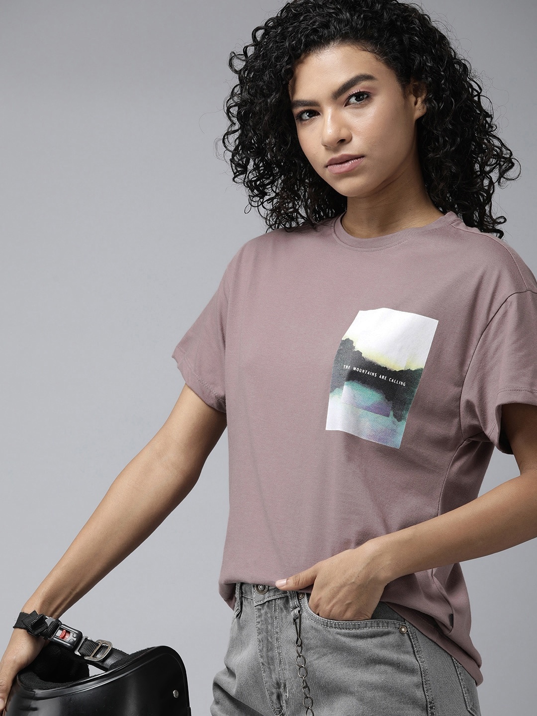 

The Roadster Lifestyle Co. Women Graphic Printed Drop-Shoulder Boxy T-shirt, Mauve