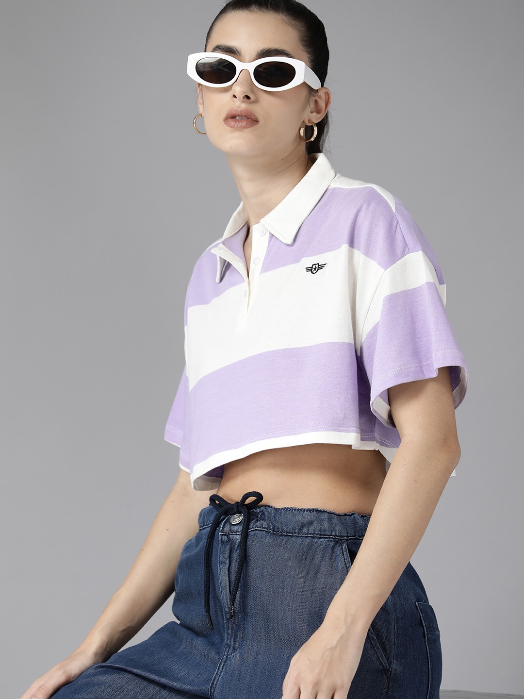 

The Roadster Lifestyle Co. Drop-Shoulder Pure Cotton Crop T-shirt, Lavender