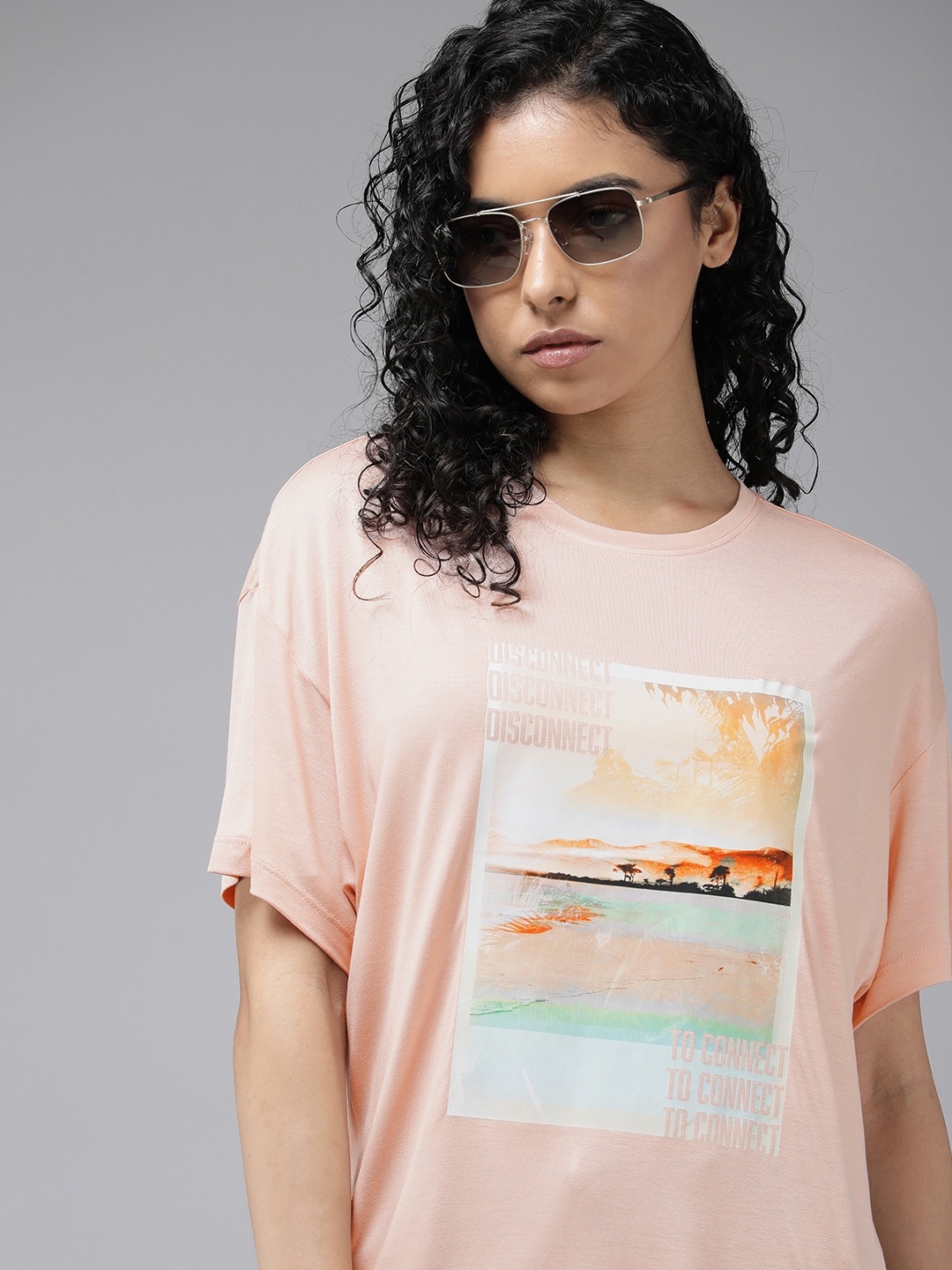 

Roadster The Lifestyle Co. Printed Drop-Shoulder Sleeves T-shirt, Peach