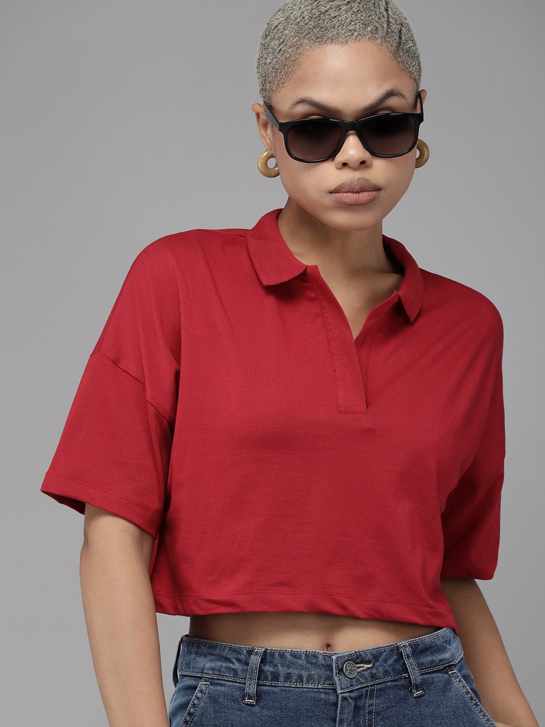 

The Roadster Lifestyle Co. Women Pure Cotton Polo Collar Drop-Shoulder Boxy Crop T-shirt, Red