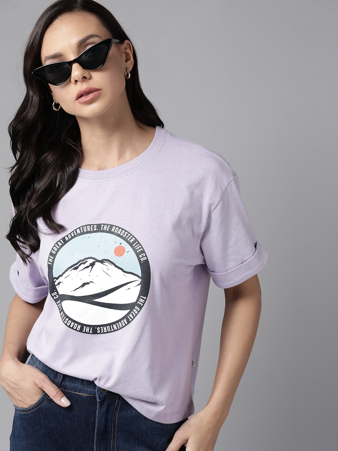 

Roadster The Lifestyle Co. Printed Drop-Shoulder Sleeves Oversized T-shirt, Lavender