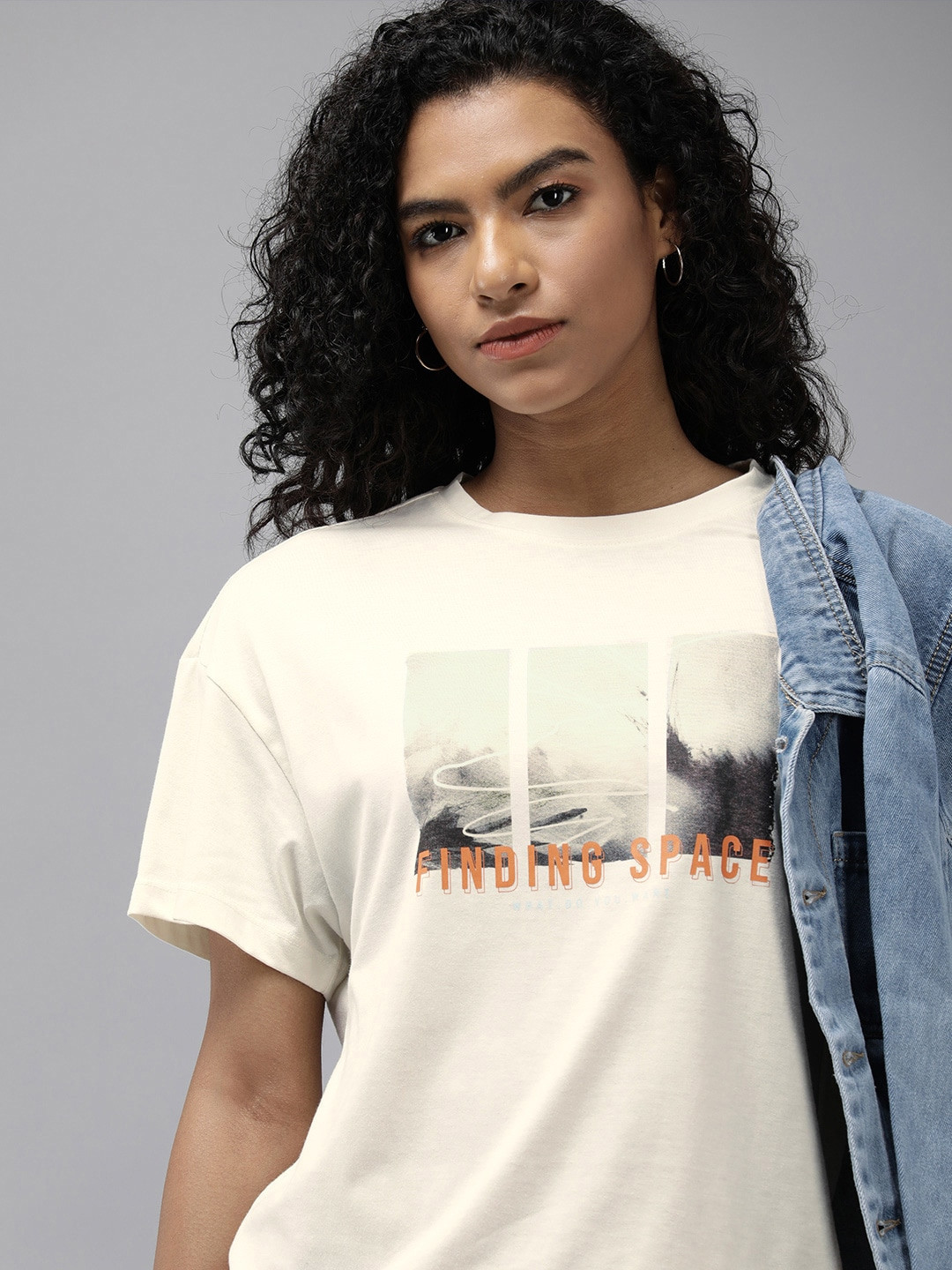 

The Roadster Life Co. Graphic Printed Drop-Shoulder Sleeves Boxy Longline T-shirt, Cream