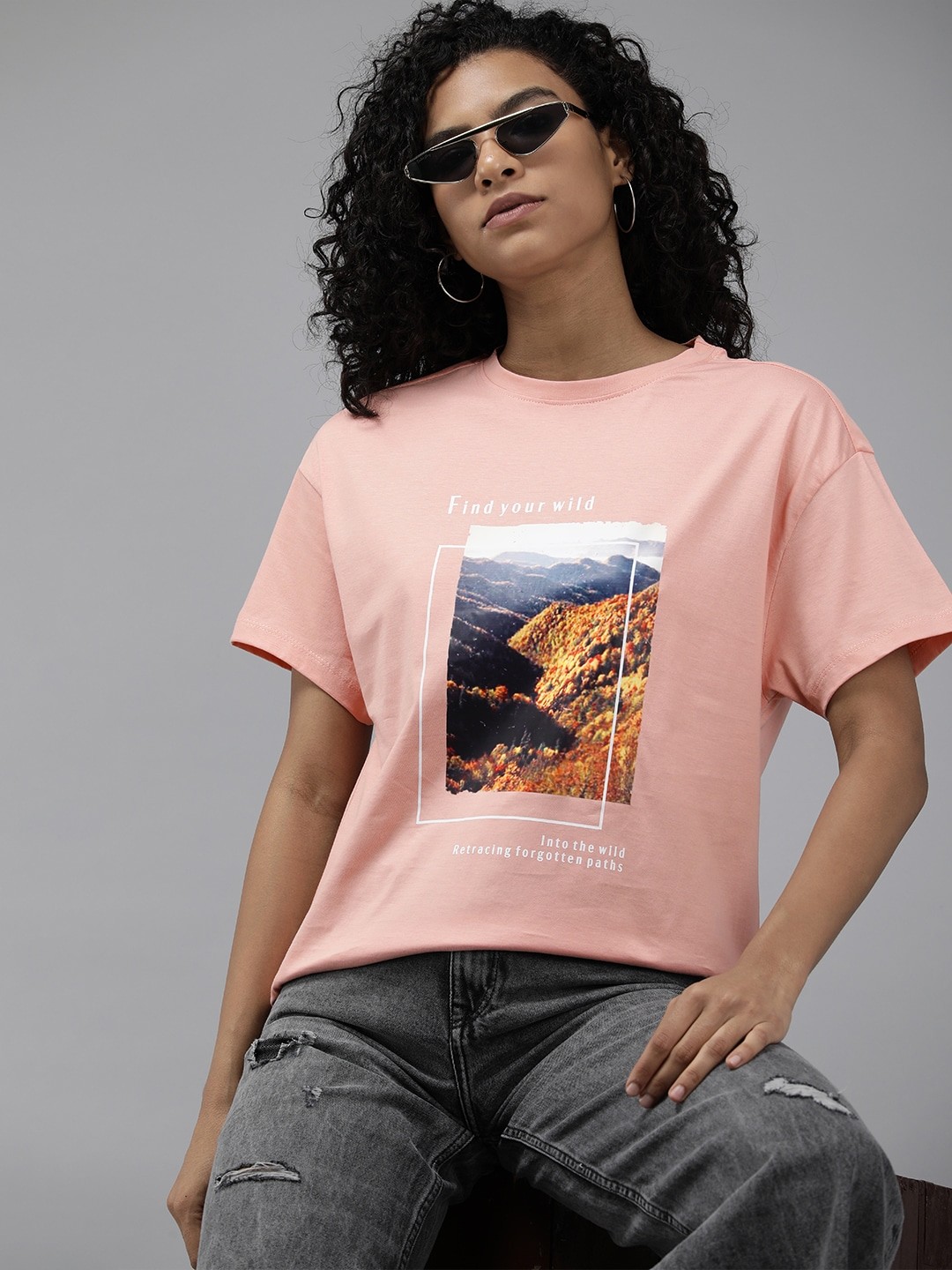 

The Roadster Lifestyle Co. Women Cotton Printed Drop-Shoulder Sleeves Boxy T-shirt, Peach