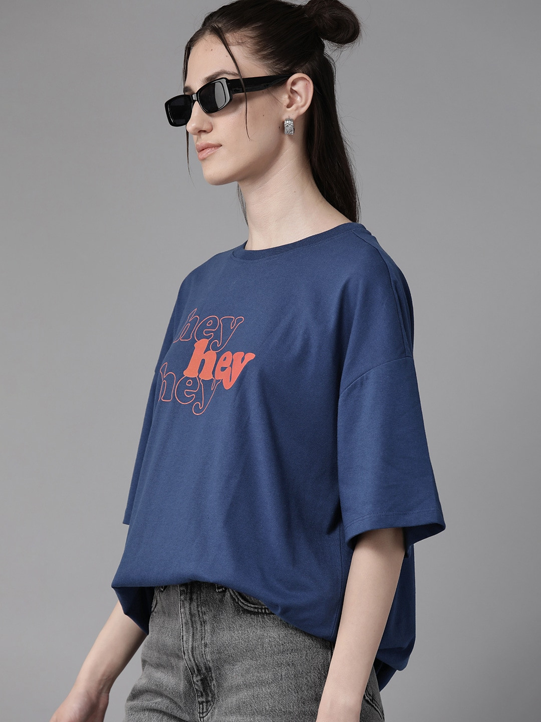 

The Roadster Lifestyle Co. Printed Drop-Shoulder Sleeves Pure Cotton Longline Boxy T-shirt, Blue