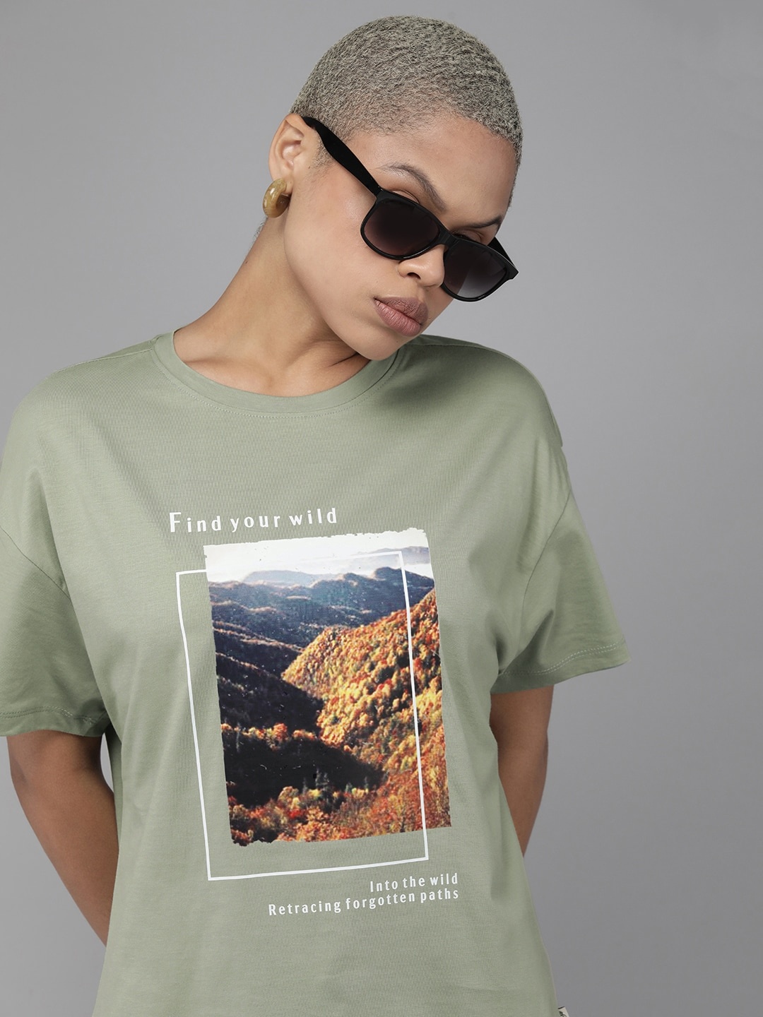 

The Roadster Life Co. Women Printed Drop-Shoulder Sleeves Pure Cotton T-shirt, Green