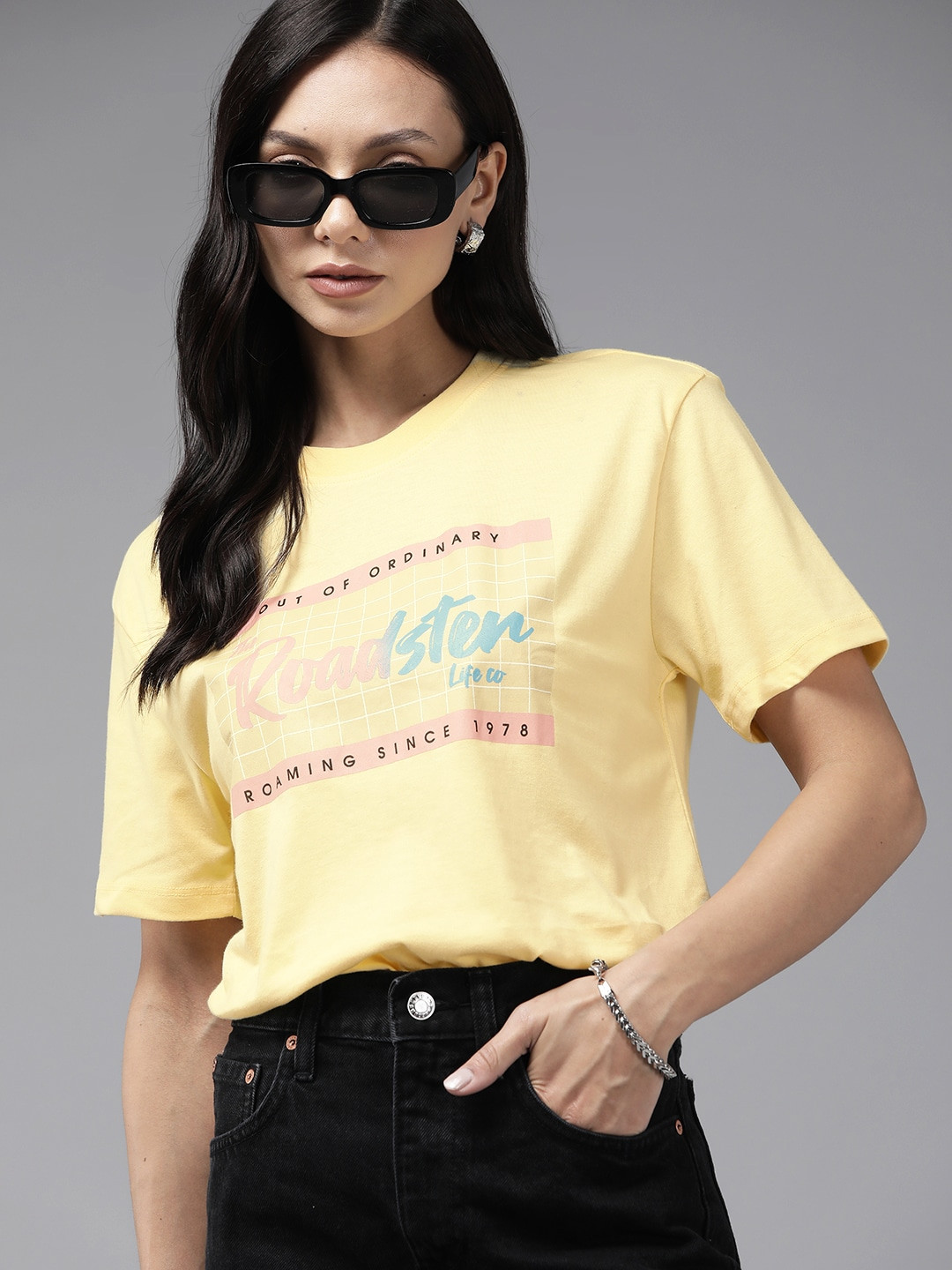 

The Roadster Lifestyle Co. Women Brand Logo Printed Crop T-shirt, Yellow