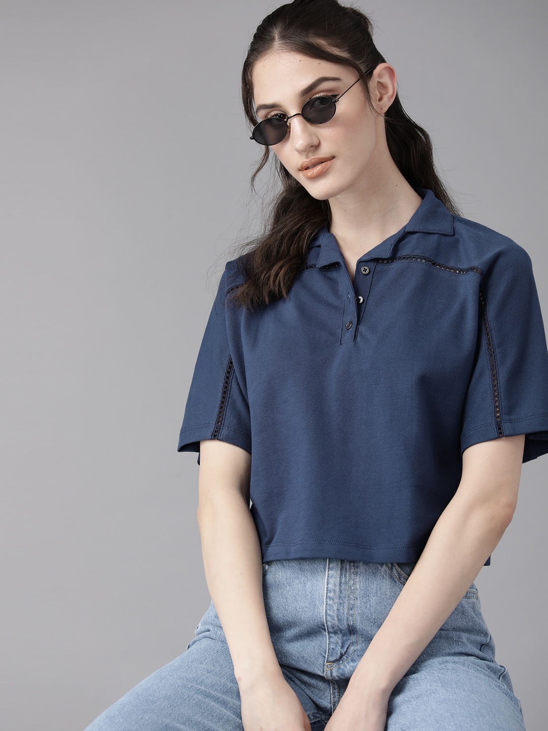 

The Roadster Lifestyle Co. Polo Collar Extended Sleeves Pure Cotton T-shirt, Blue