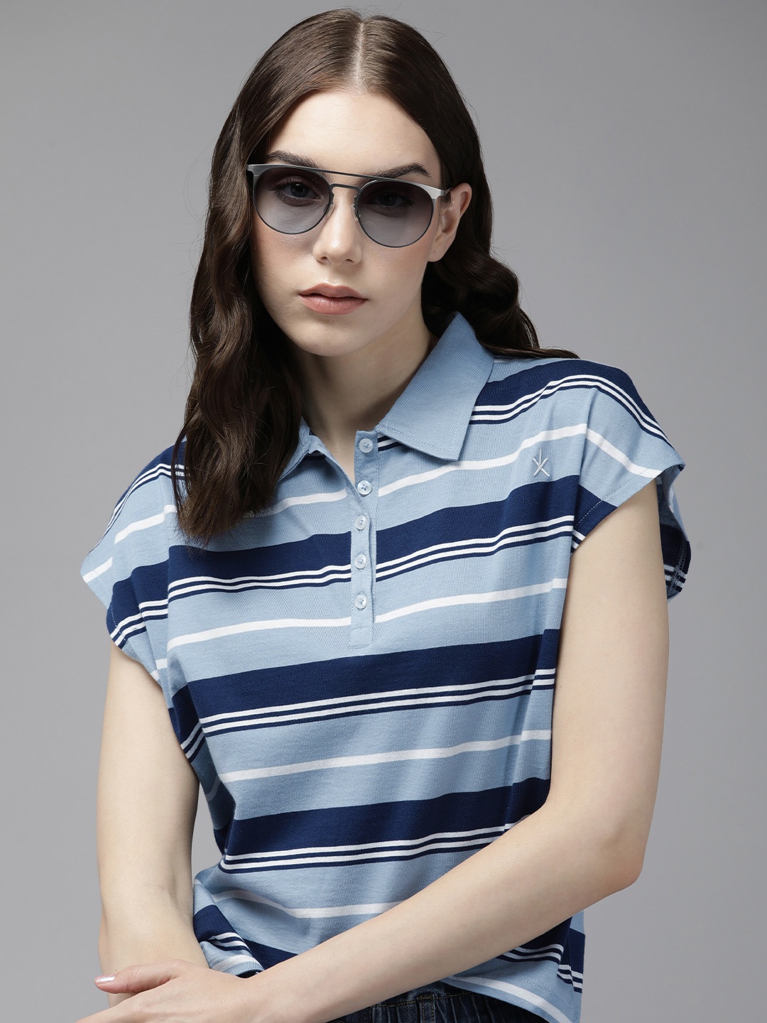 

The Roadster Life Co. Striped Polo Collar Extended Sleeves Pure Cotton T-shirt, Blue