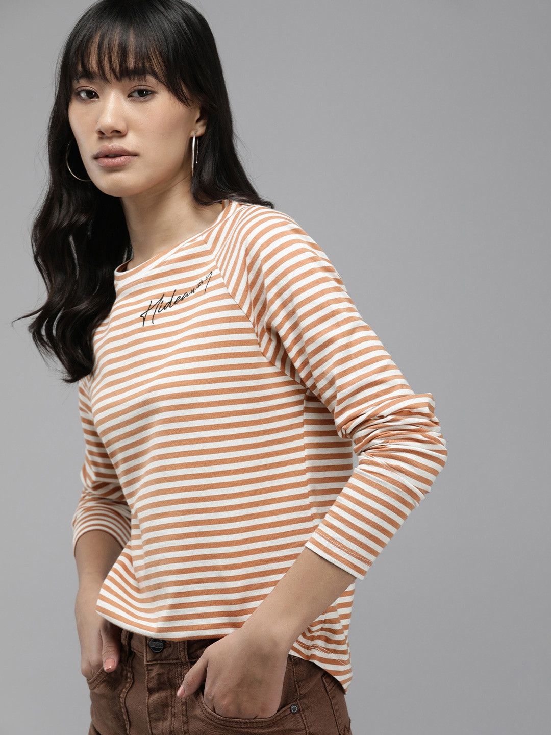 

The Roadster Life Co. Typography Embroidered Striped Pure Cotton T-shirt, Orange