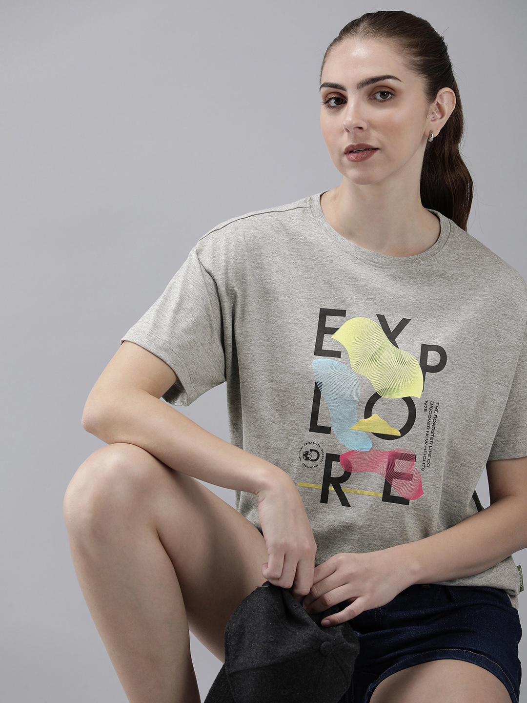 

The Roadster Life Co. Typography Printed Drop-Shoulder Sleeves T-shirt, Grey