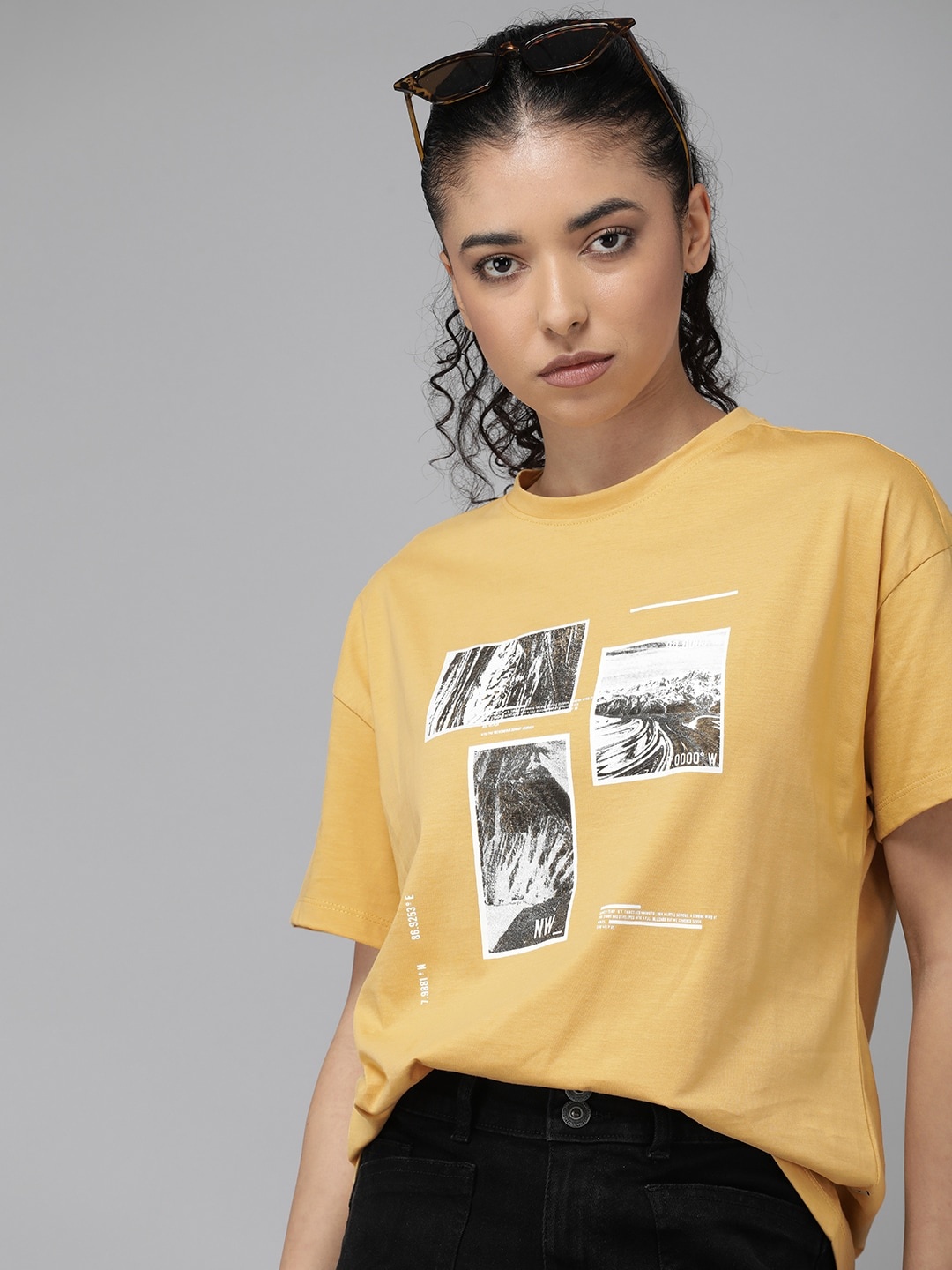

Roadster Women Yellow Printed Drop-Shoulder Sleeves Pure Cotton Boxy T-shirt