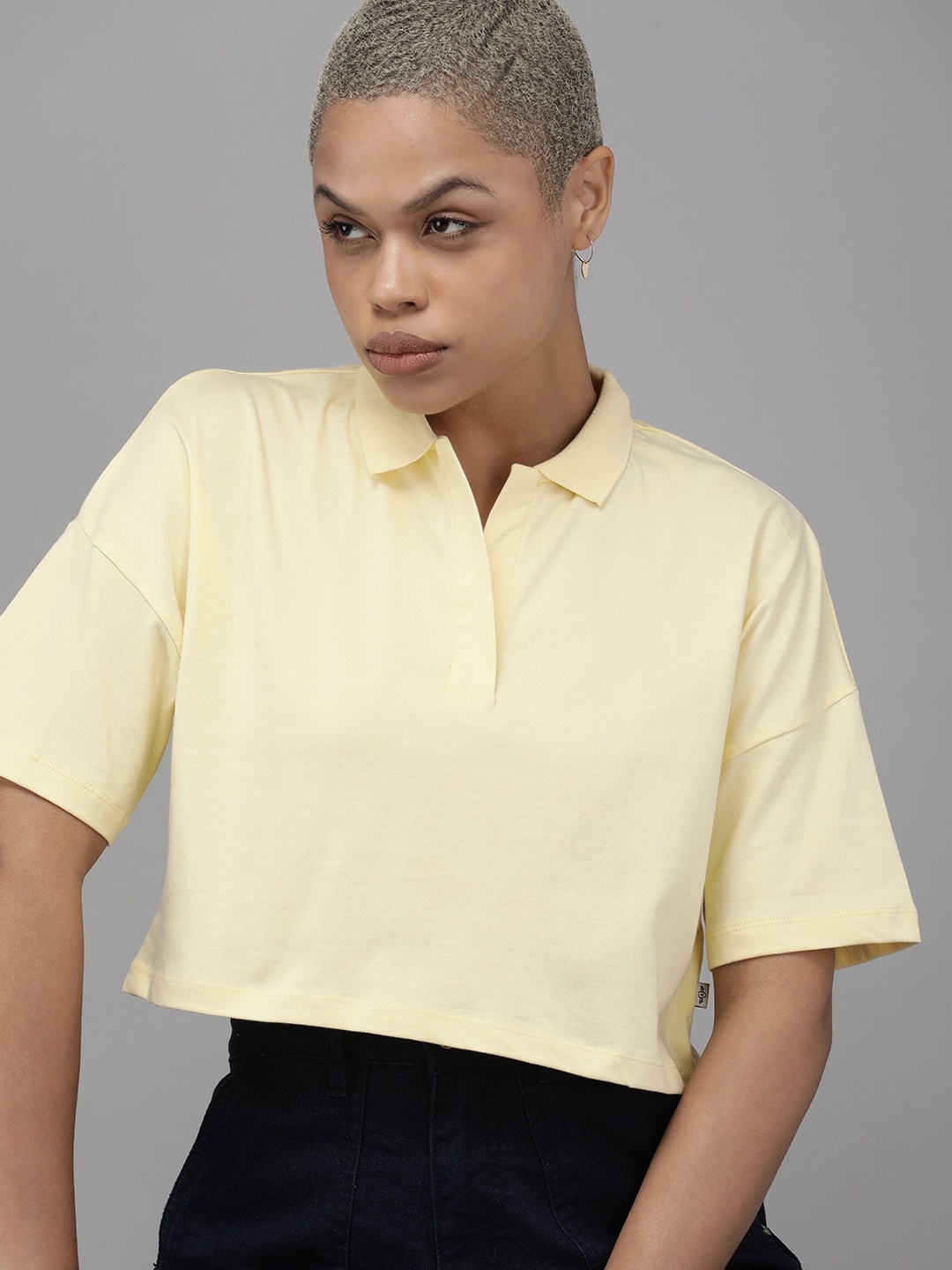 

The Roadster Lifestyle Co. Women Pure Cotton Polo Collar Drop-Shoulder Boxy Crop T-shirt, Yellow