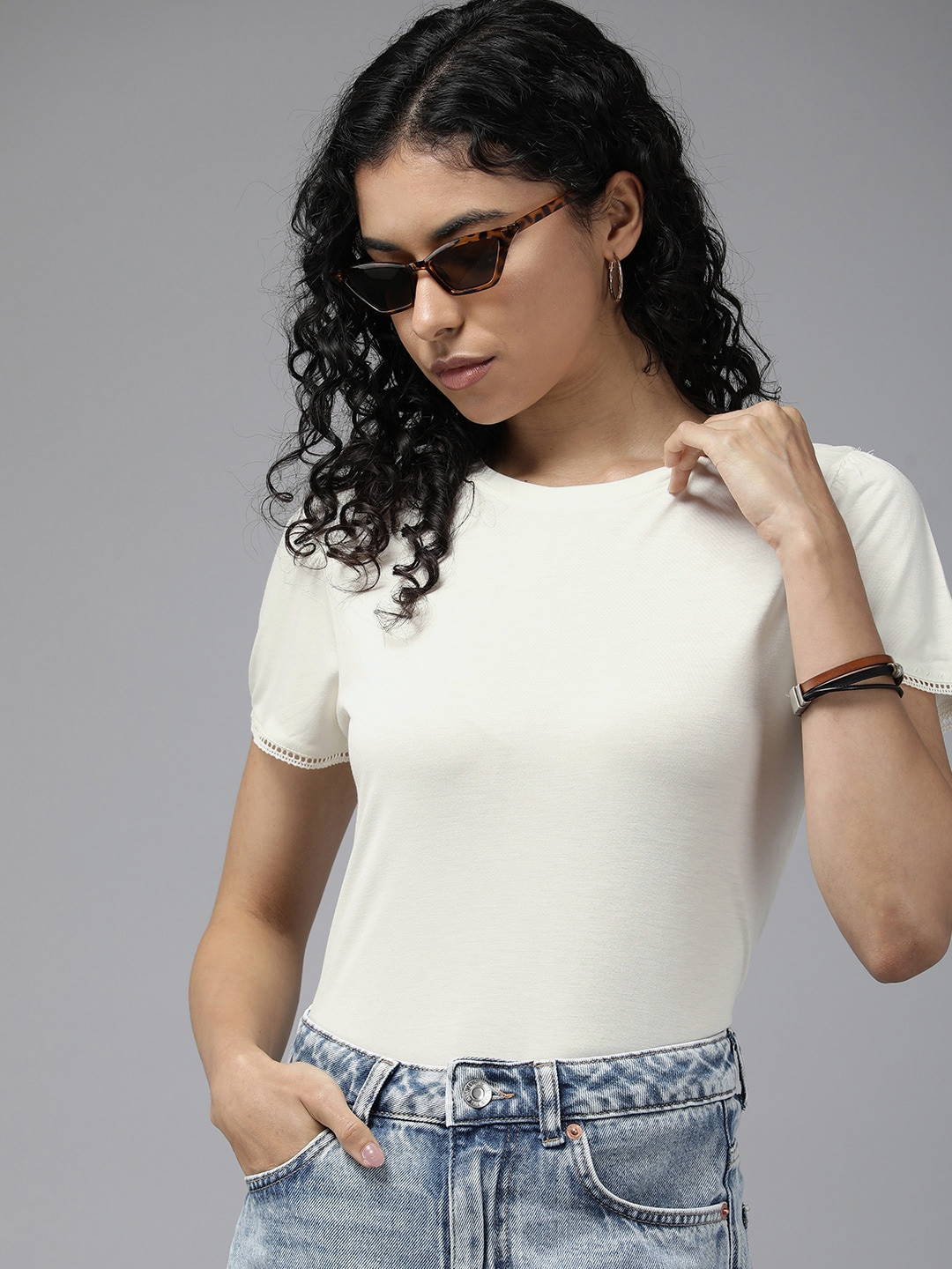

The Roadster Lifestyle Co. Women Puff Sleeves T-shirt With Lace Detail At sleeve Edge, Cream