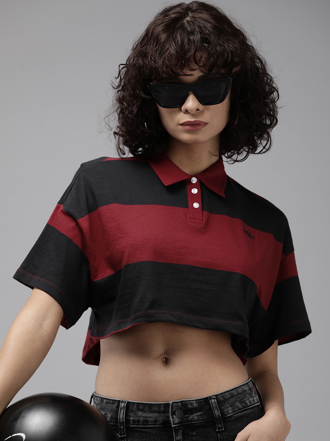 

The Roadster Life Co. Colourblocked Polo Collar Pure Cotton Crop T-shirt, Maroon