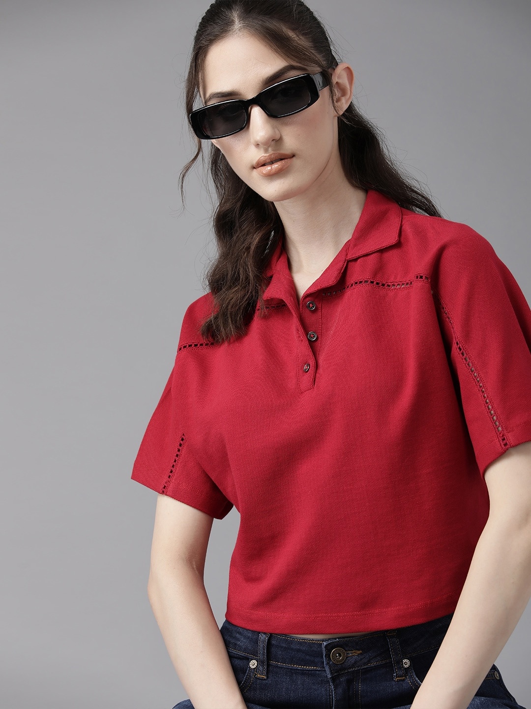

The Roadster Lifestyle Co. Polo Collar Extended Sleeves Pure Cotton T-shirt, Red