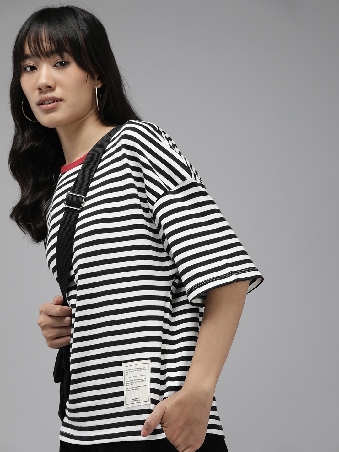 

The Roadster Life Co. Striped Drop-Shoulder Sleeves Pure Cotton Applique Relaxed T-shirt, Black