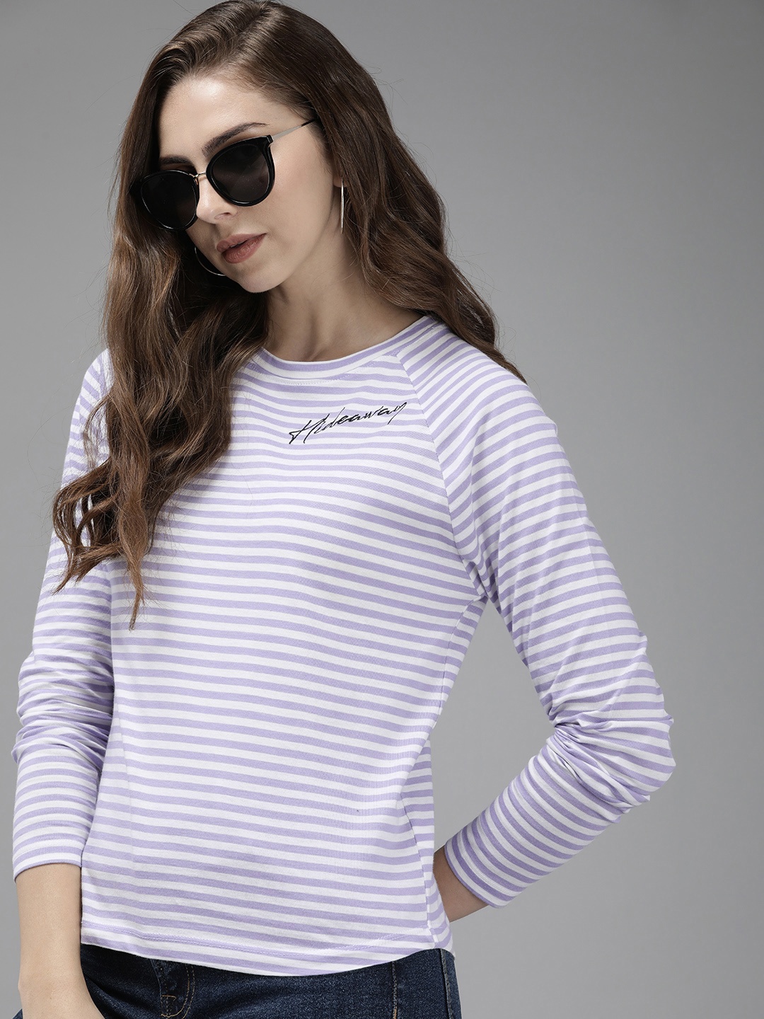 

The Roadster Life Co. Typography Embroidered Striped Pure Cotton T-shirt, Lavender