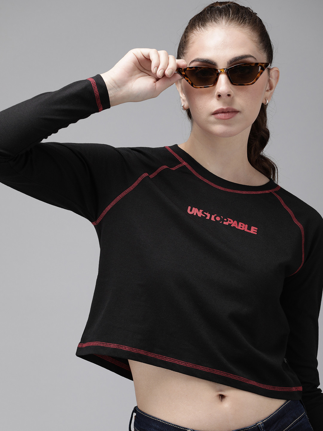 

The Roadster Life Co. Typography Printed Crop T-shirt With Contrast Stitch Details, Black
