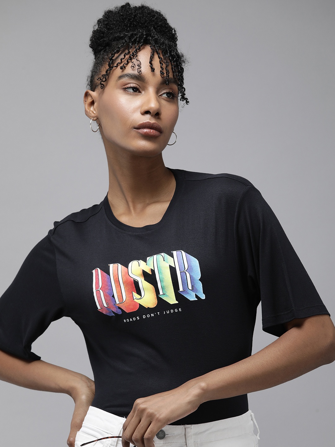 

The Roadster Lifestyle Co. Women Graphic Printed Boxy T-shirt, Black