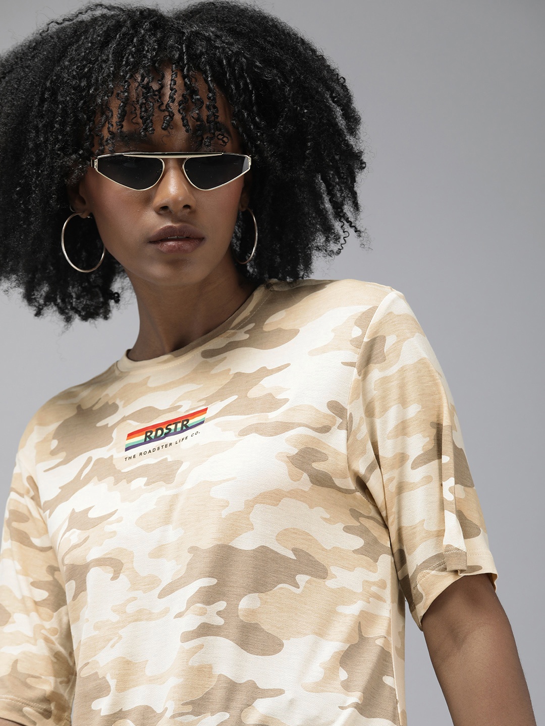 

The Roadster Life Co. Camouflage Printed T-shirt With Pride Flag Detail On Chest, Beige