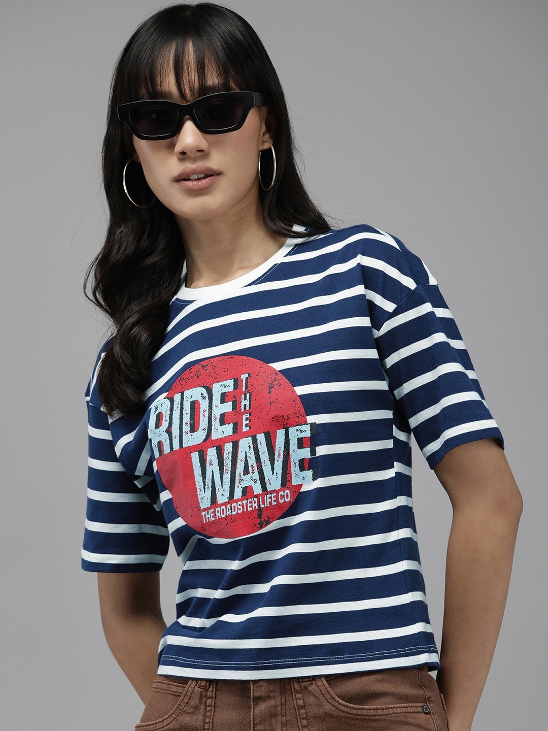 

The Roadster Life Co. Typography Printed Striped Pure Cotton T-shirt, Black
