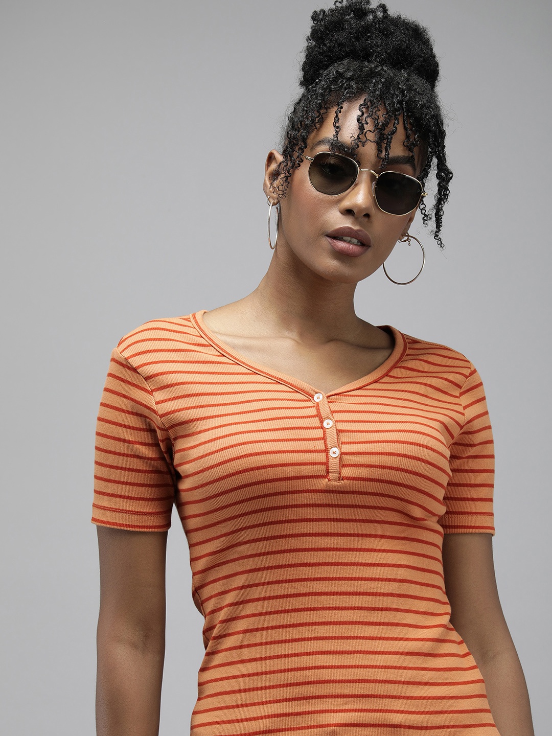 

The Roadster Life Co. Striped Henley Neck Casual T-shirt, Orange