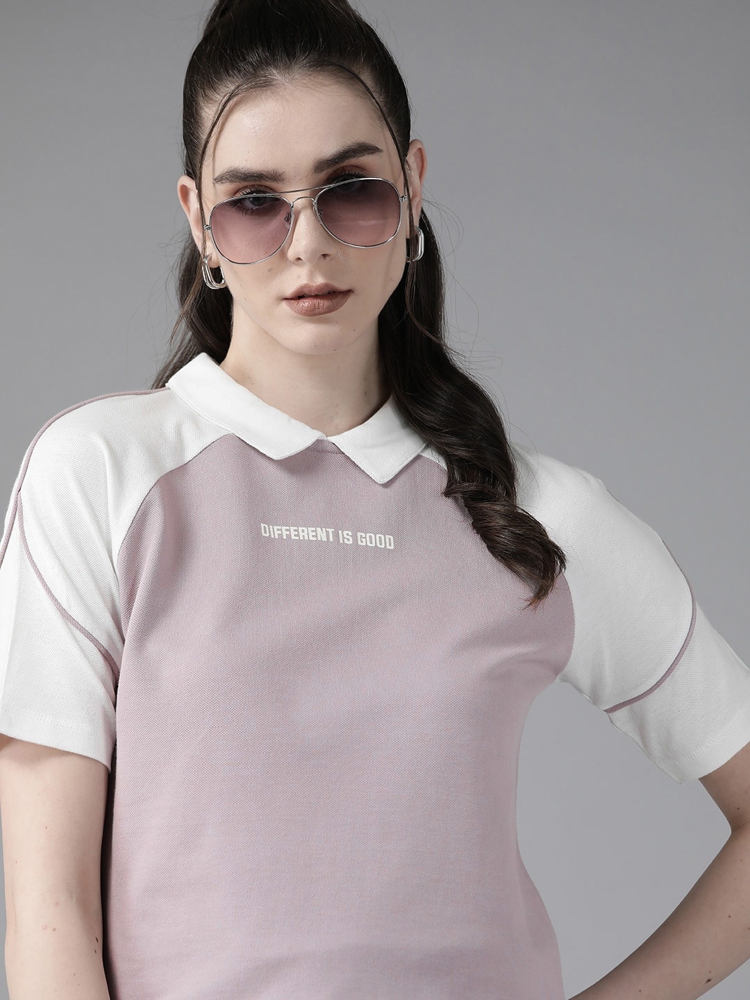 

The Roadster Lifestyle Co. Colourblocked Polo Collar Pure Cotton T-shirt, Mauve
