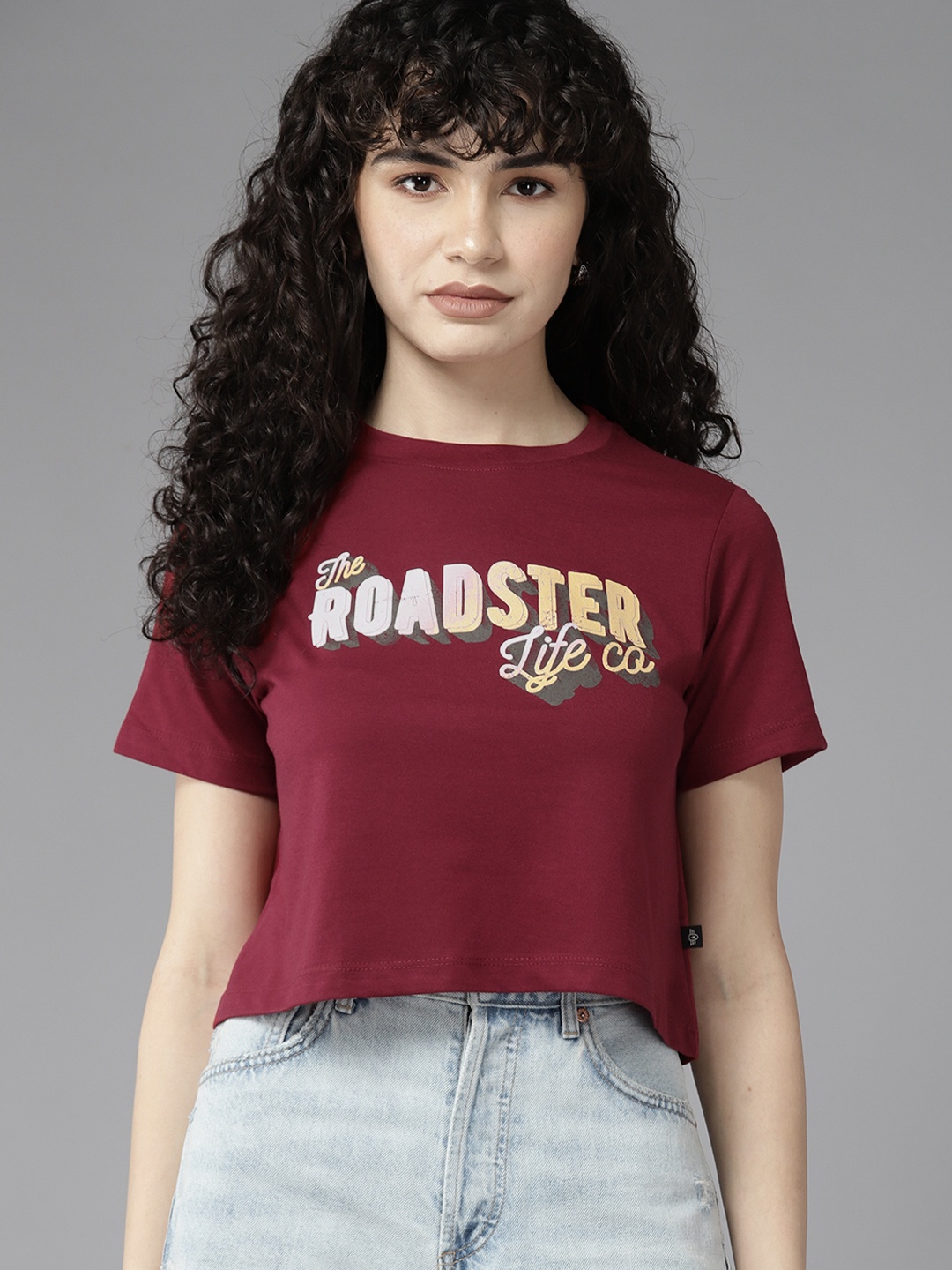 

Roadster The Lifestyle Co. Brand Logo Printed Drop-Shoulder Sleeves Boxy T-shirt, Maroon