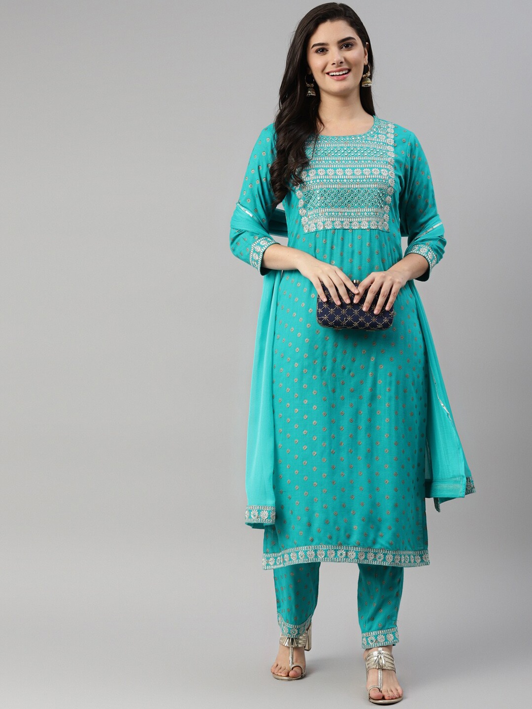 

HERE&NOW Women Blue Embroidered Kurta with Trousers & Dupatta