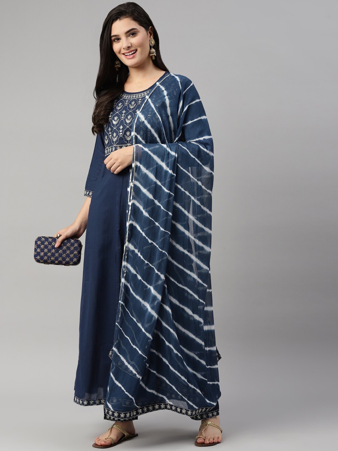 

HERE&NOW Women Navy Blue Ethnic Motifs Embroidered Sequinned Kurta with Trousers & With Dupatta