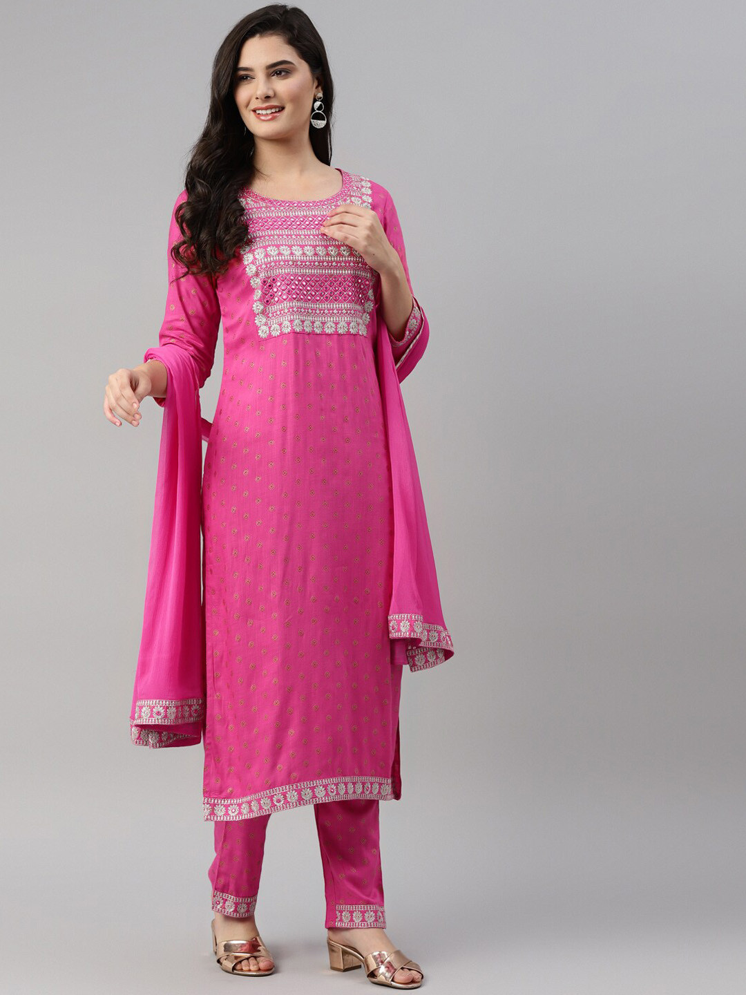 

HERE&NOW Women Pink Embroidered Kurta with Trousers & With Dupatta