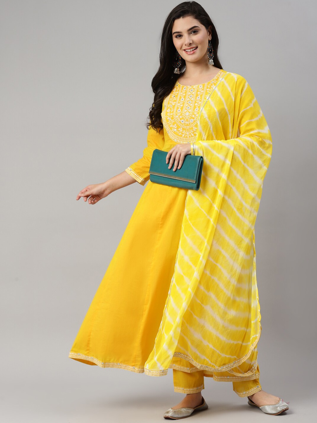 

HERE&NOW Women Yellow Floral Embroidered Kurta with Trousers & With Dupatta