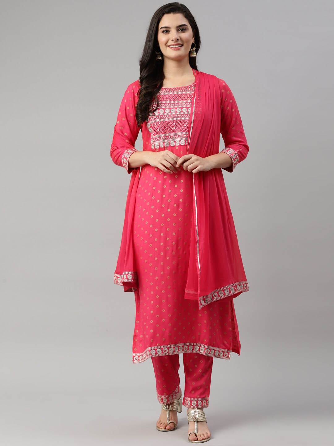 

HERE&NOW Women Pink Yoke Design Kurta with Trousers & With Dupatta
