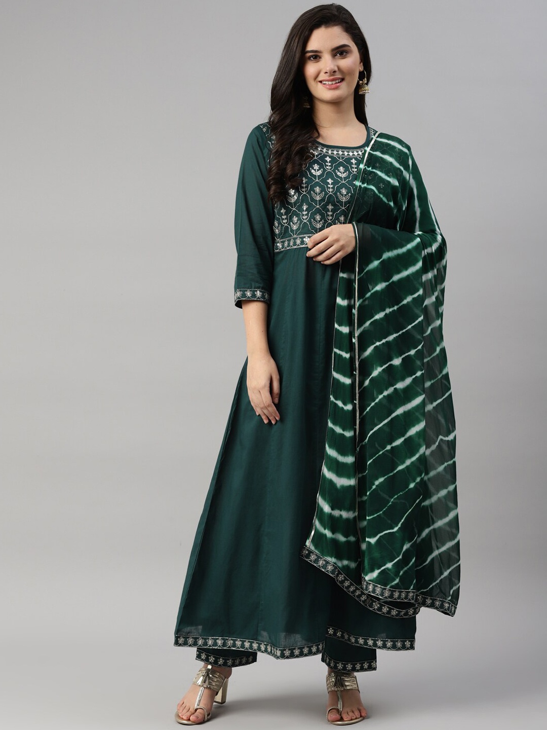 

HERE&NOW Women Green Embroidered Kurta with Trousers & With Dupatta