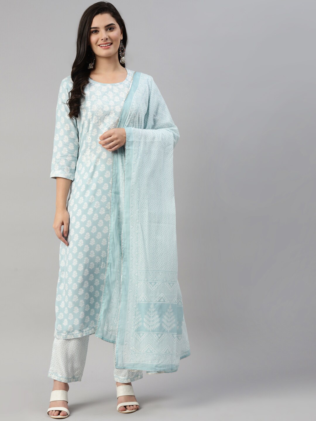 

HERE&NOW Women Blue Floral Printed Kurta with Trousers & With Dupatta