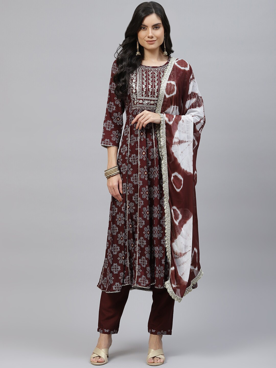 

HERE&NOW Women Brown Ethnic Motifs Printed Empire Thread Work Kurta with Trousers & With Dupatta